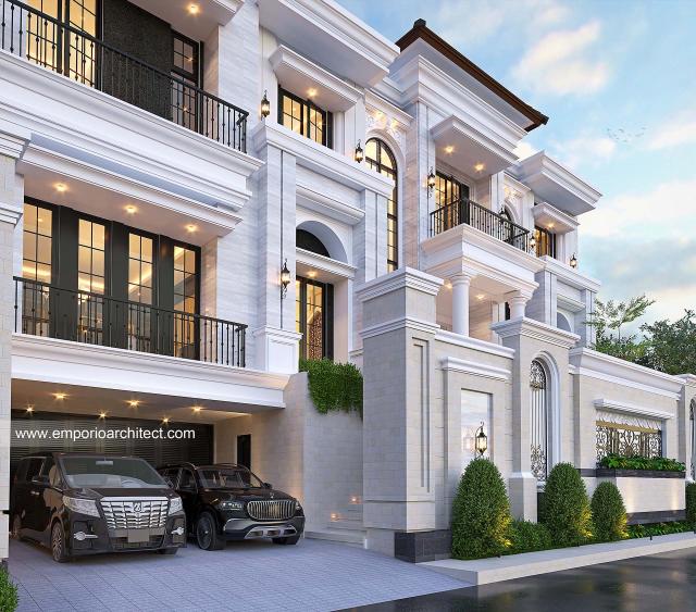 Desain Tampak Detail Depan Rumah Klasik 2.5 Lantai Ibu VTI di Jakarta