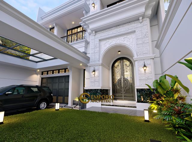 Desain Tampak Detail Depan Rumah Klasik 3 Lantai Ibu RN di Jakarta Barat