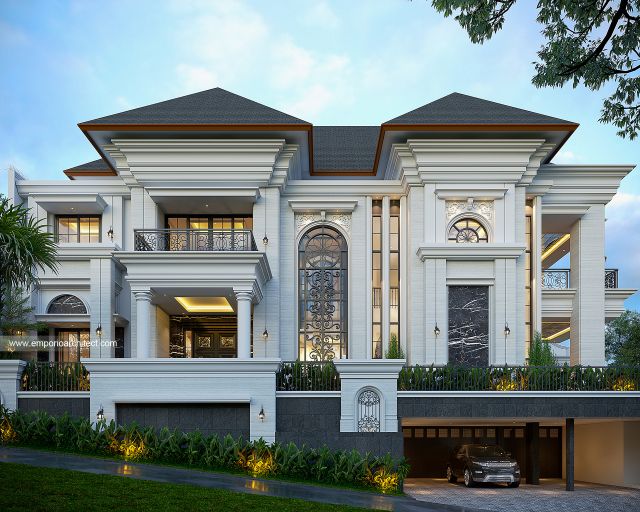 Desain Tampak Depan Rumah Klasik 3 Lantai Ibu I di Jakarta Selatan