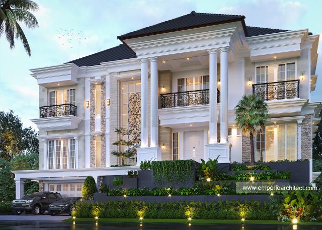 Desain Tampak Depan 2 Rumah Klasik 3 Lantai Ibu SLV di BSD, Tangerang Selatan, Banten