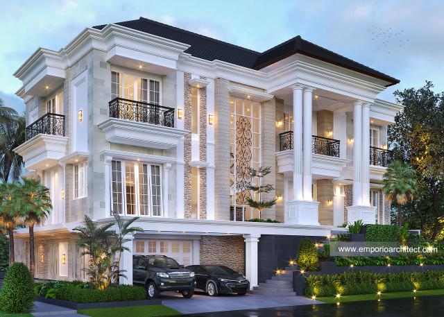 Desain Rumah Klasik 3 Lantai Ibu SLV di BSD, Tangerang Selatan, Banten - Tampak Depan