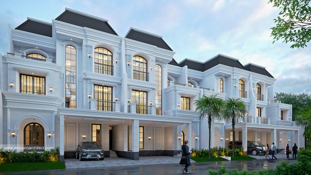 Desain Tampak Depan 4 Rumah Grand Marina Klasik 3 Lantai Bapak AD Type 10x15 di Makassar