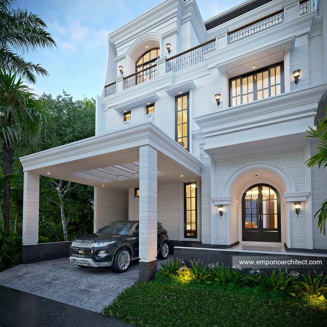 Desain Tampak Detail Depan Rumah Grand Marina Klasik 3 Lantai Bapak AD Type 10x20 di Makassar