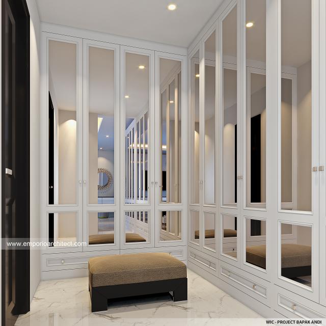 Desain Walk In Closet Rumah Grand Marina Klasik 3 Lantai Bapak AD Type 10x20 di Makassar