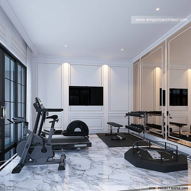 Desain Ruang Gym Rumah Mediteran Klasik 3 Lantai Bapak DNN di Jakarta Barat