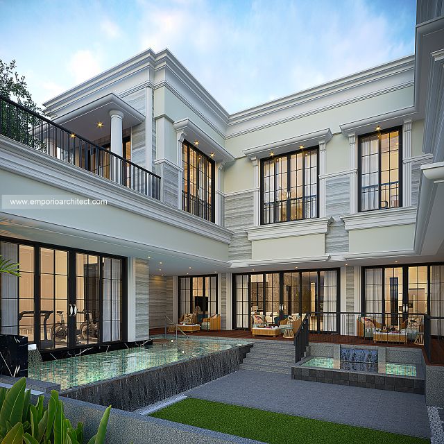 Desain Tampak Detail Belakang Rumah Mediteran Klasik 3 Lantai Bapak DNN di Jakarta Barat