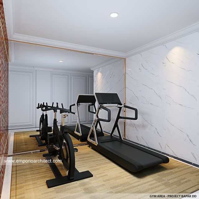 Desain Area Gym Rumah Mediteran Klasik 3 Lantai Bapak DD di Palembang