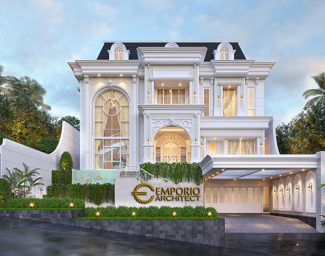 Desain Tampak Depan 3 Rumah Klasik 4 Lantai Ibu Agustina di Sentul City, Bogor, Jawa Barat