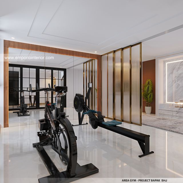 Desain Area Gym Rumah Mediteran Klasik 4 Lantai Bapak SHJ di Jakarta