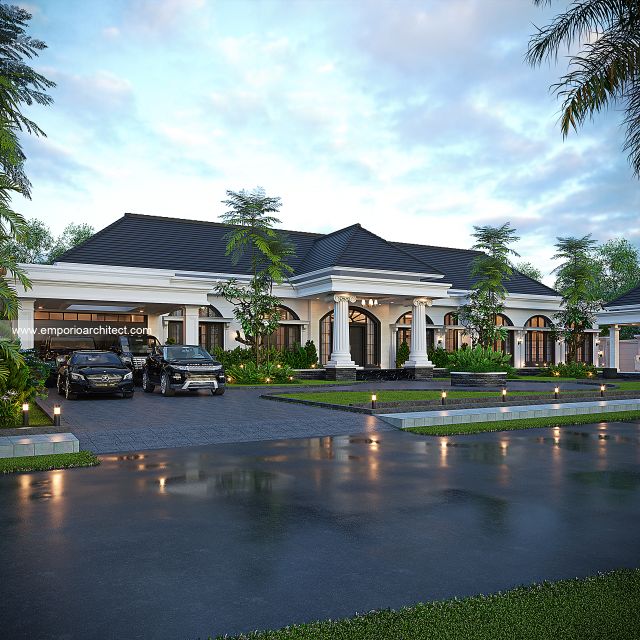 Desain Tampak Depan Rumah Klasik Mediteran 1 Lantai Bapak FND di Sumatera Utara