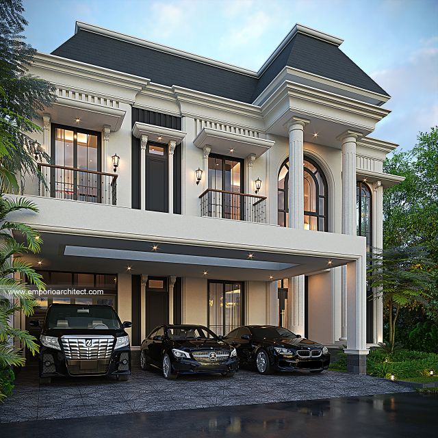 Desain Tampak Depan Rumah Klasik Mediteran 2 Lantai Ibu MSJ di Cipondoh, Tangerang