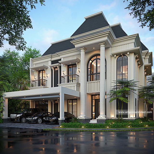 Desain Tampak Depan 2 Rumah Klasik Mediteran 2 Lantai Ibu MSJ di Cipondoh, Tangerang