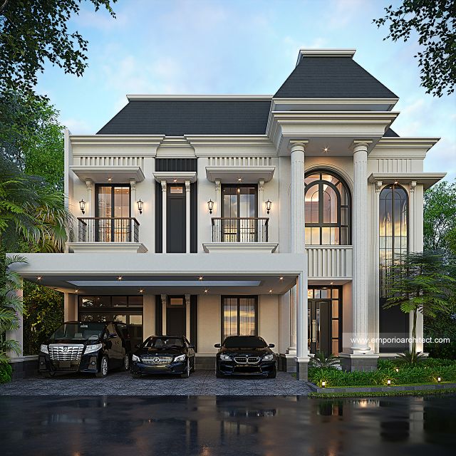 Desain Tampak Depan 3 Rumah Klasik Mediteran 2 Lantai Ibu MSJ di Cipondoh, Tangerang