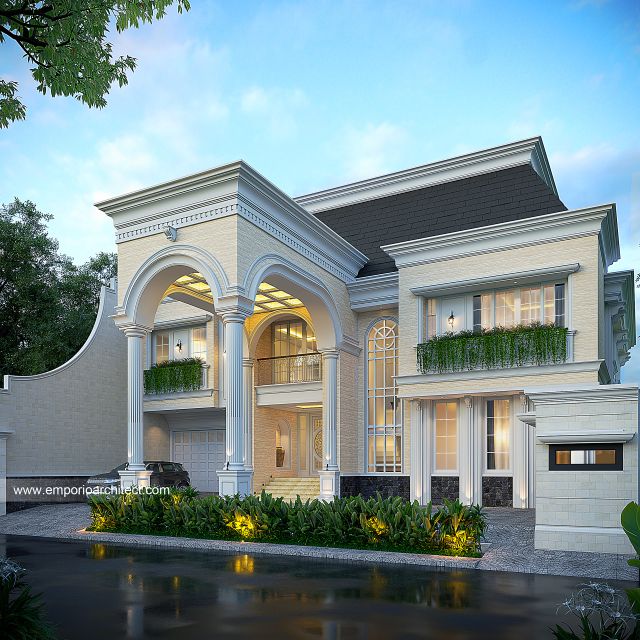 Desain Tampak Depan 2 Rumah Klasik Mediteran 2 Lantai Ibu RRC di Jakarta