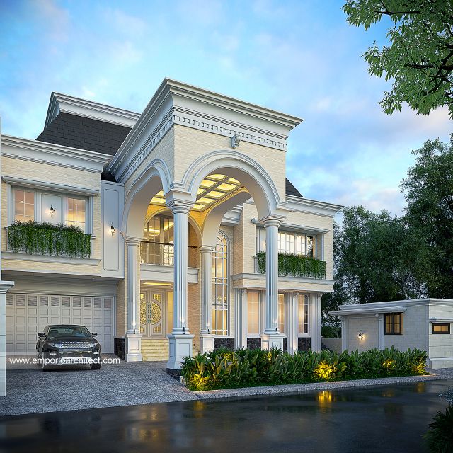 Desain Tampak Depan 3 Rumah Klasik Mediteran 2 Lantai Ibu RRC di Jakarta