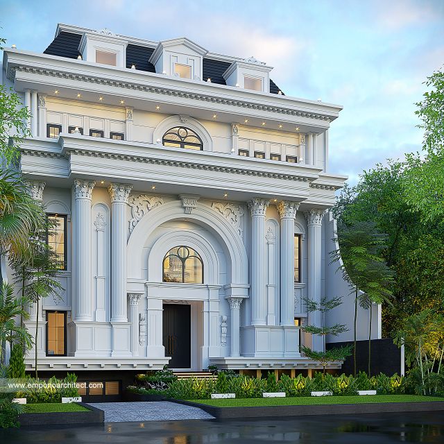 Desain Tampak Depan Rumah Klasik Mediteran 4 Lantai Ibu MRF di Jakarta