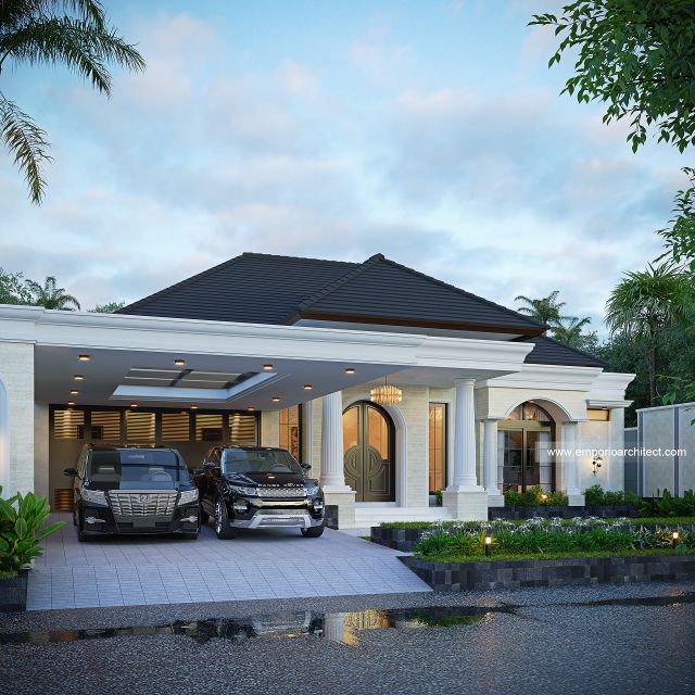 Desain Tampak Depan 2 Rumah Mediteran Klasik 1 Lantai Ibu SYT di Malang