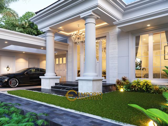 Desain Tampak Detail Depan Rumah Klasik Modern 1.5 Lantai Ibu Ayu di Bogor, Jawa Barat