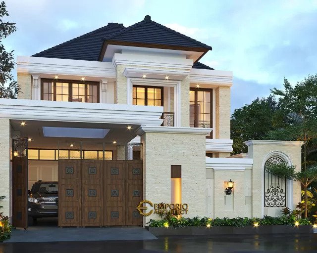 Desain Tampak Depan Dengan Pagar Rumah Klasik Modern 2 Lantai Ibu Nurul di Ponorogo, Jawa Timur