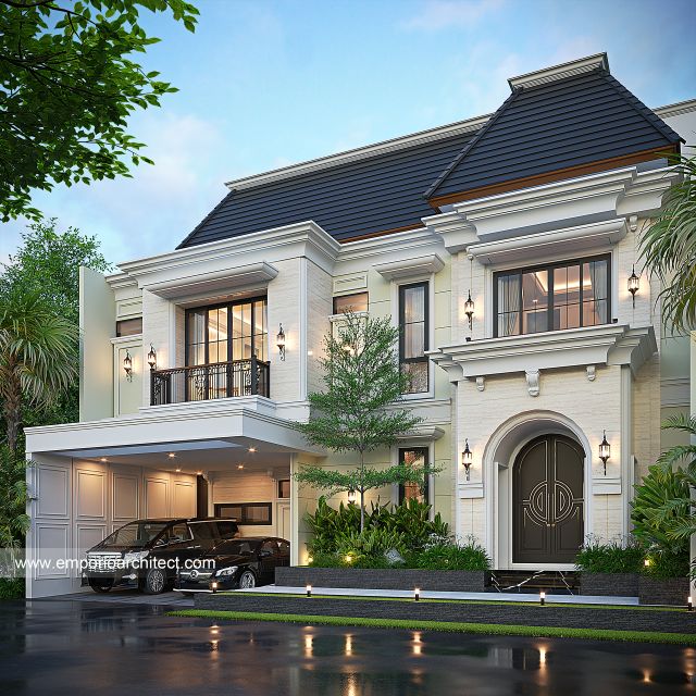 Desain Rumah Klasik Modern 2 Lantai Bapak AMH di Palembang - Tampak Depan