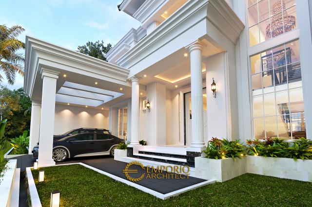 Desain Tampak Detail Depan Rumah Klasik Modern 2 Lantai Bapak Deni di Blitar, Jawa Timur