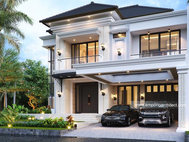 Desain Tampak Depan Kanan Rumah Klasik Modern 2 Lantai Ibu NMI di Alam Sutera, Tangerang