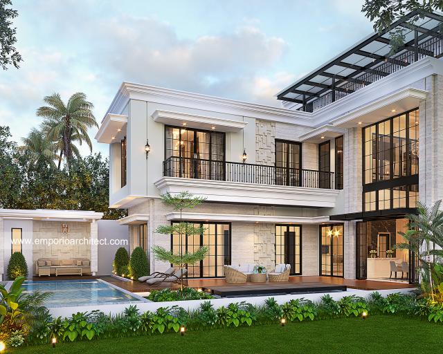 Desain Tampak Belakang Rumah Klasik Modern 2.5 Lantai Ibu LYL di Batam