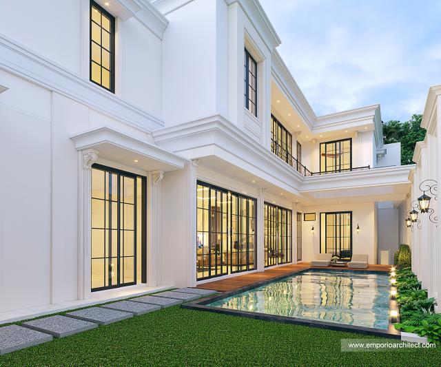 Desain Tampak Detail Belakang Rumah Klasik Modern 2.5 Lantai Bapak AO di Jakarta