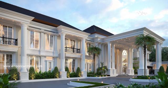 Desain Tampak Detail Depan Rumah Klasik Modern 2.5 Lantai Bapak IWN di Jambi