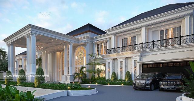 Desain Tampak Detail Depan 2 Rumah Klasik Modern 2.5 Lantai Bapak IWN di Jambi