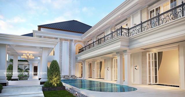 Desain Tampak Detail Belakang Rumah Klasik Modern 2.5 Lantai Bapak IWN di Jambi