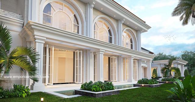 Desain Tampak Detail Belakang 2 Rumah Klasik Modern 2.5 Lantai Bapak IWN di Jambi