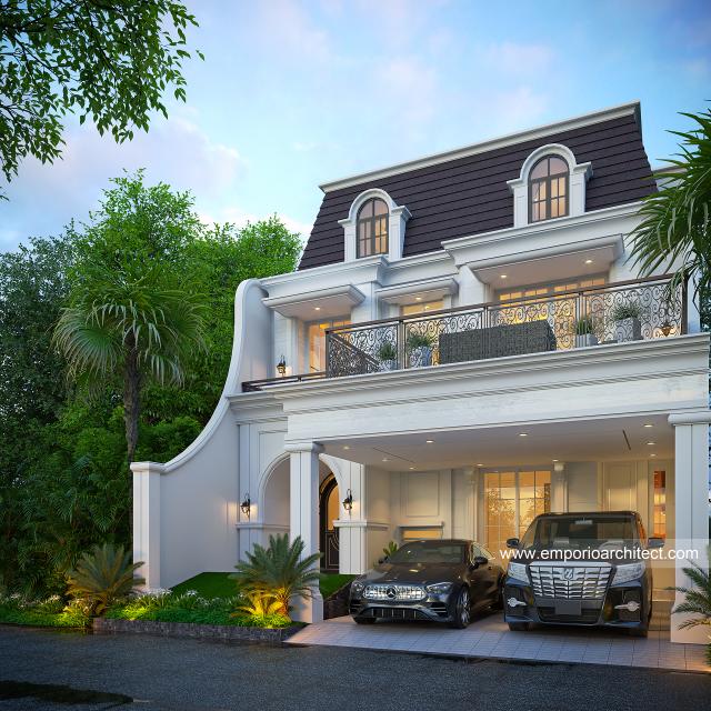 Desain Tampak Depan 2 Rumah Klasik Modern 2.5 Lantai Bapak HNR di Surabaya