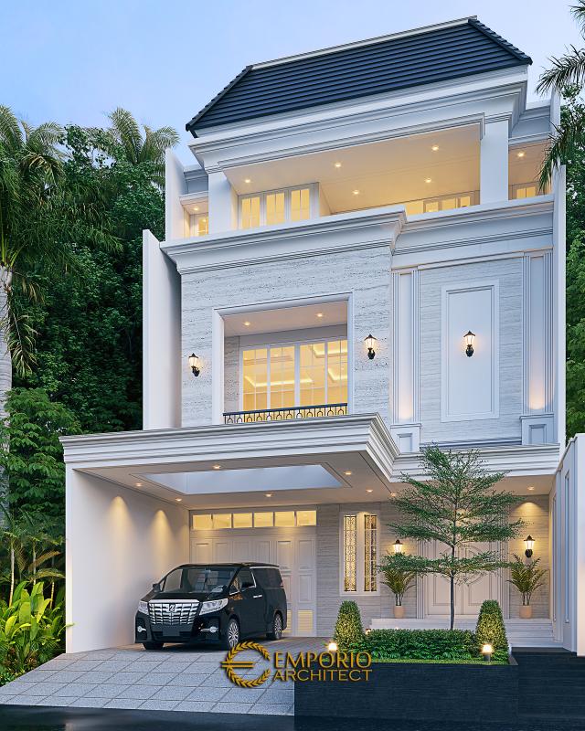 Desain TampaK Depan 2 Rumah Klasik Modern 2.5 Lantai Ibu NV di Jakarta