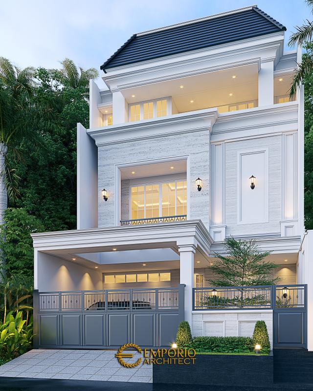 Desain Tampak Depan Dengan Pagar Rumah Klasik Modern 2.5 Lantai Ibu NV di Jakarta