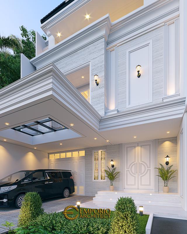 Desain Tampak Detail Depan Rumah Klasik Modern 2.5 Lantai Ibu NV di Jakarta