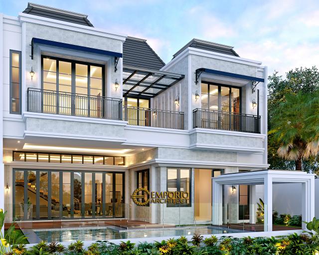 Desain Tampak Belakang Rumah Klasik Modern 2.5 Lantai Bapak ARS di Jakarta