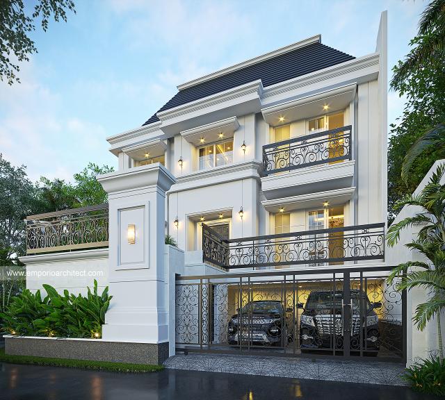 Desain Rumah Klasik Modern 3 Lantai Ibu NKE di Jakarta Selatan - Tampak Depan Dengan Pagar