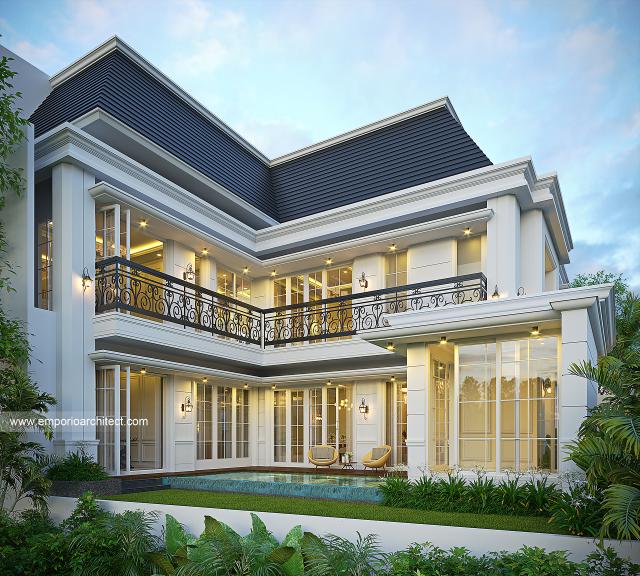 Desain Tampak Belakang Rumah Klasik Modern 3 Lantai Ibu NKE di Jakarta Selatan