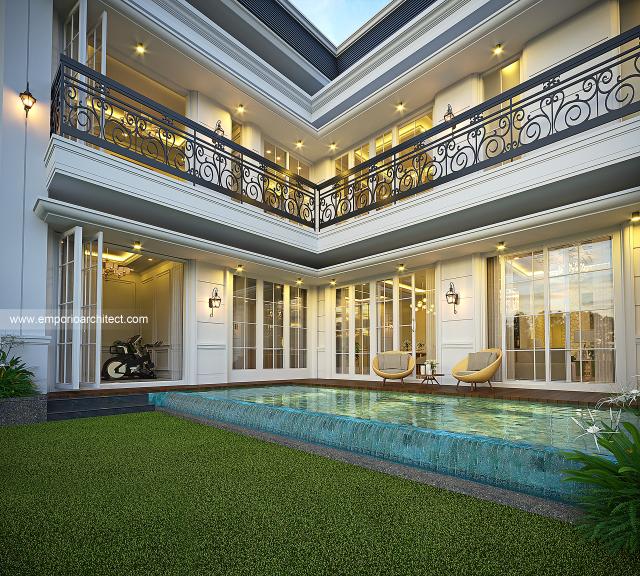 Desain Tampak Detail Belakang Rumah Klasik Modern 3 Lantai Ibu NKE di Jakarta Selatan