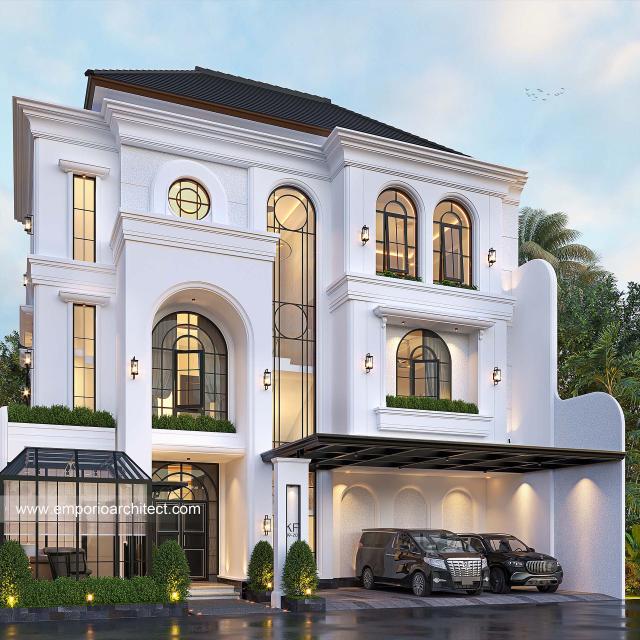 Desain Rumah Klasik Mediteran 3 Lantai Ibu Adiezty Fersa dan Bapak Gilang Dirga II di Jakarta - Tampak Depan