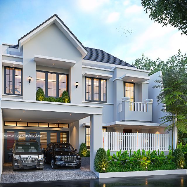 Desain Tampak Depan Dengan Pagar Rumah Klasik Modern 3 Lantai Ibu RM di Jakarta