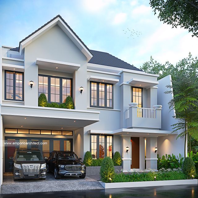 Desain Tampak Depan Rumah Klasik Modern 3 Lantai Ibu RM di Jakarta