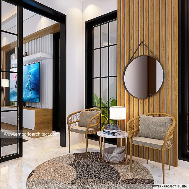 Desain Foyer Rumah Klasik Modern 3 Lantai Ibu RM di Jakarta