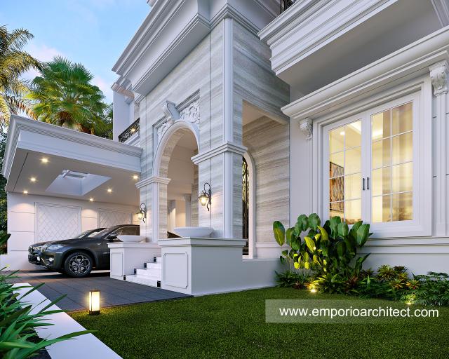 Desain Tampak Detail Depan Rumah Klasik Modern 3 Lantai Mr. AT di Bekasi, Jawa Barat