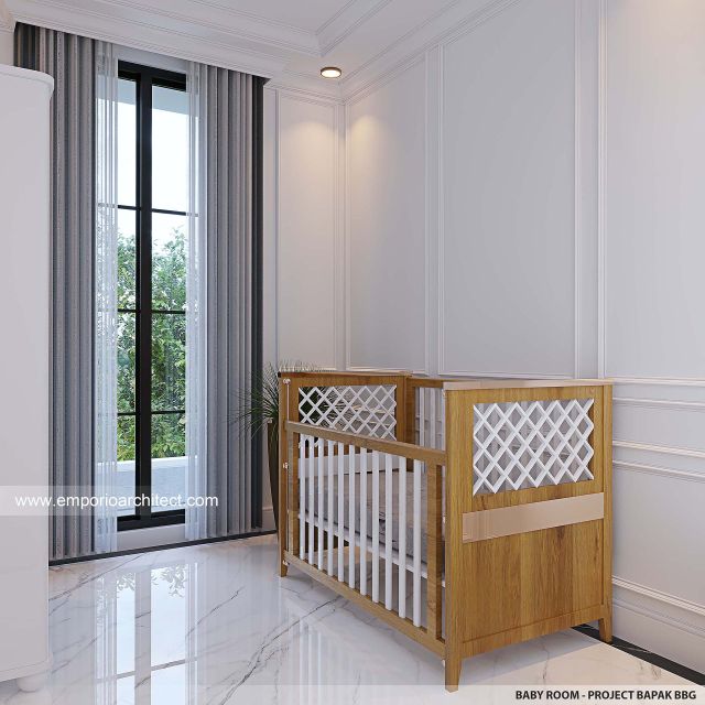 Desain Kamar Tidur Bayi Rumah Mediteran Modern 3 Lantai Bapak BBG di Jakarta