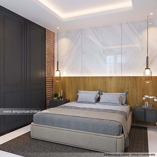 Desain Kamar Tidur Utama Rumah Mediteran Modern 3 Lantai Bapak RFK di Pesanggrahan, Jakarta Selatan