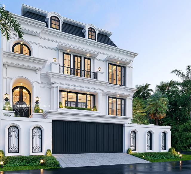 Desain Rumah Klasik Modern 3.5 Lantai Ibu TN IV di Jakarta Selatan - Tampak Depan