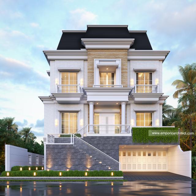 Desain Tampak Depan 2 Rumah Klasik Modern 3.5 Lantai Bapak Anthony di Jakarta