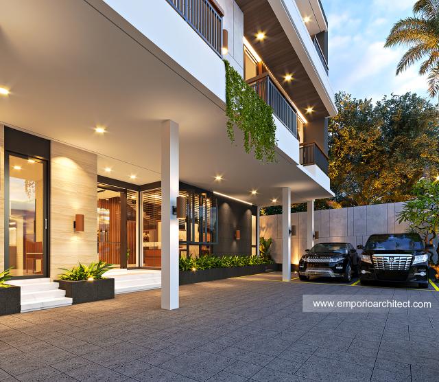 Desain Tampak Detail Depan Rumah Kost Modern 3 Lantai Ibu Ponky di Madiun, Jawa Timur